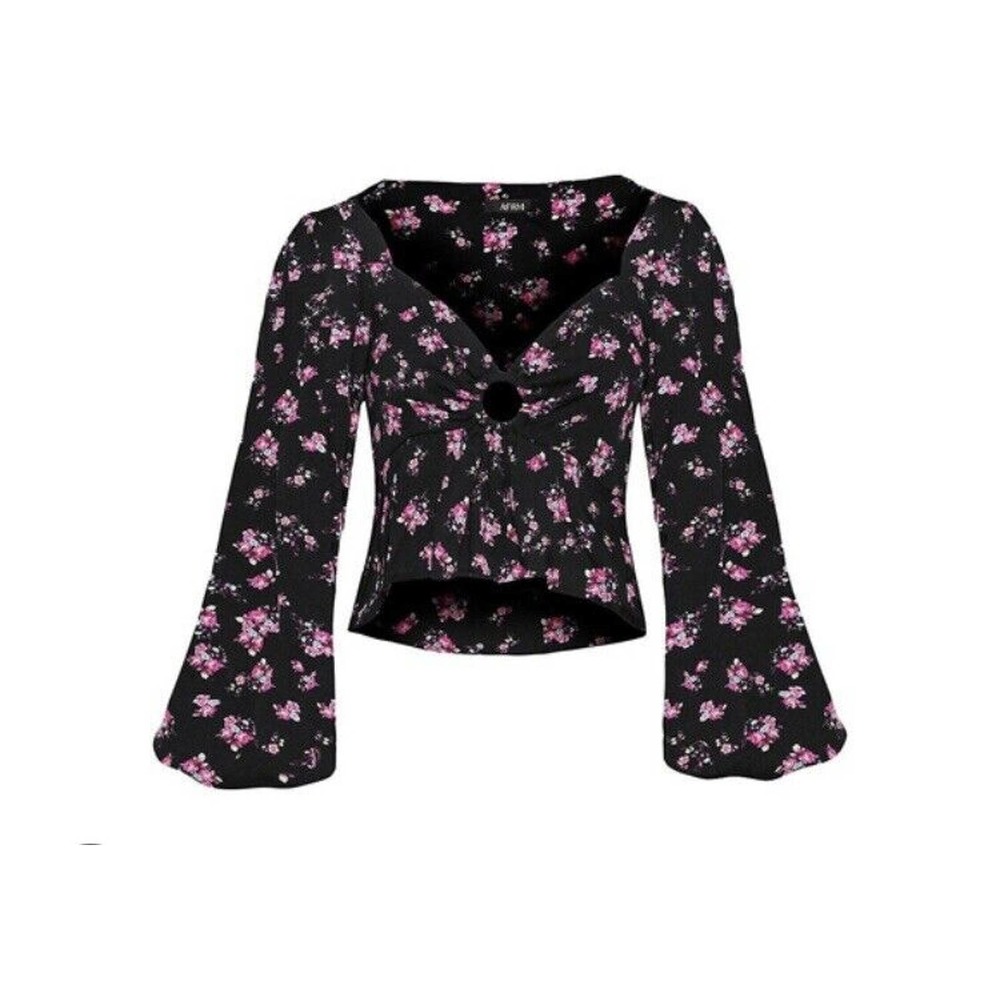 NWT AFRM Womens Floral O Ring Blouse Size Small V Neck‎ Cropped Long Sleeve